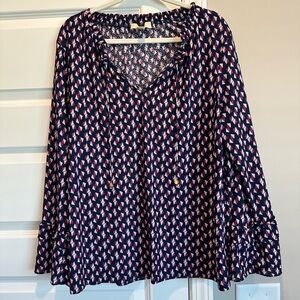 Michael Kors Navy Blouse with Pink and White Geometric Print